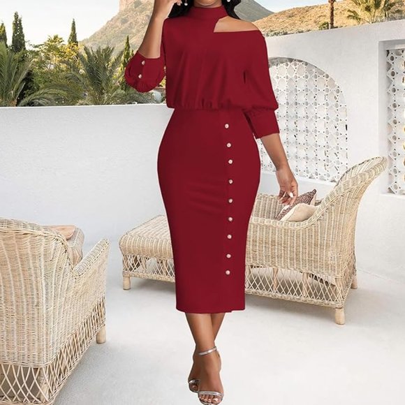Dresses & Skirts - Women Bodycon Long Sleeve Vintage Ruched Work Midi Pencil Dress
